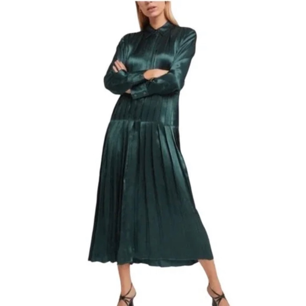 CO Runway Collection Satin Crinkle Pleated Midi Shirt Dress Green M